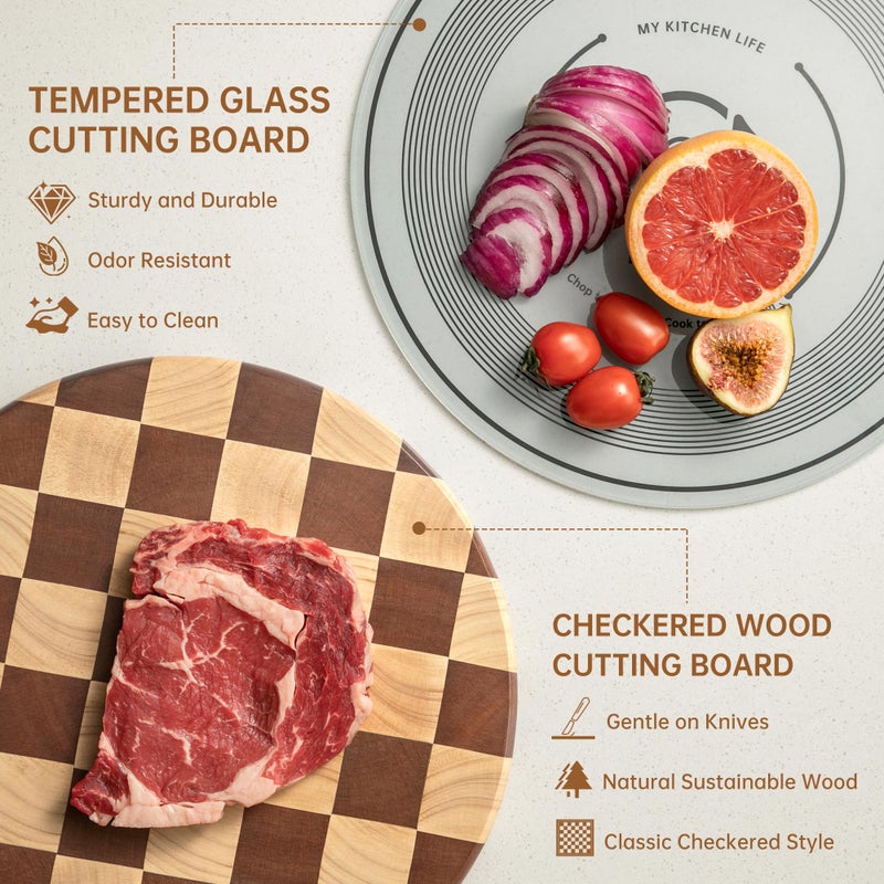 FYCTIO Cutting Board Set, Checkered Wood & Glass Cutting Boards for Kitchen, Retro Record Style Chopping Board with Holder, Serving Tray Gift Set, Ideal for Meat, Bread, Vegetable, Fruit - Image 3