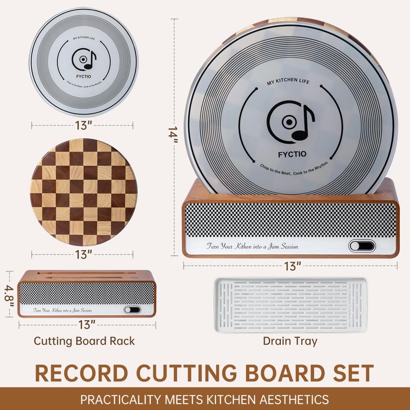 FYCTIO Cutting Board Set, Checkered Wood & Glass Cutting Boards for Kitchen, Retro Record Style Chopping Board with Holder, Serving Tray Gift Set, Ideal for Meat, Bread, Vegetable, Fruit - Image 2