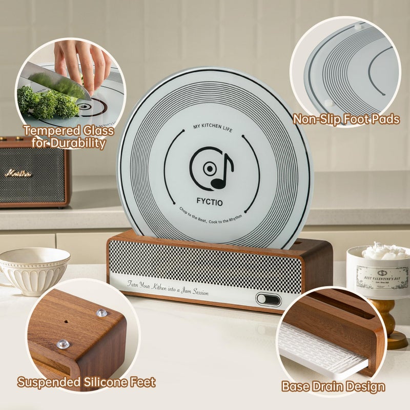 FYCTIO Cutting Board Set, Checkered Wood & Glass Cutting Boards for Kitchen, Retro Record Style Chopping Board with Holder, Serving Tray Gift Set, Ideal for Meat, Bread, Vegetable, Fruit - Image 5