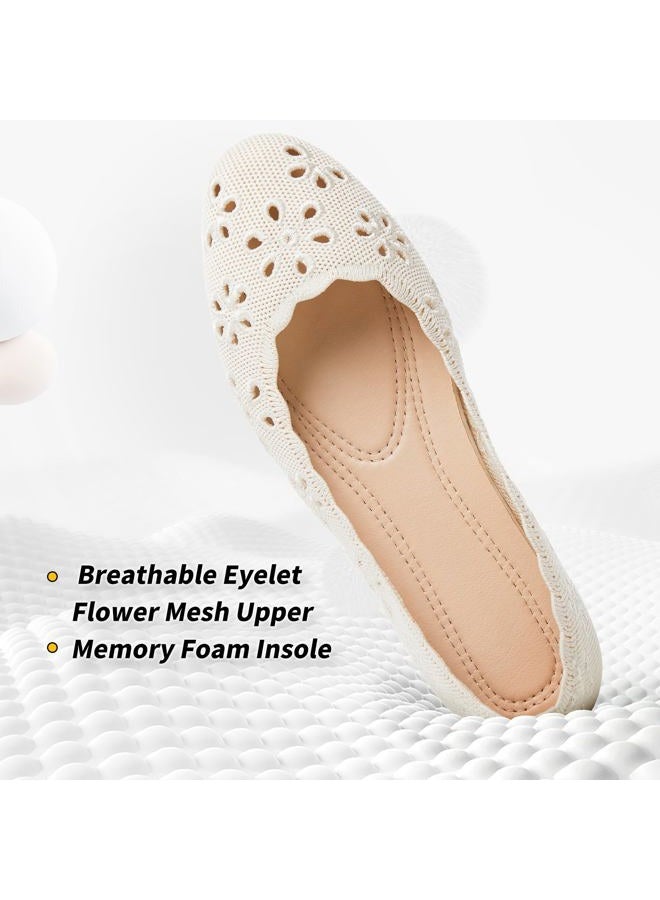BABUDOG Mesh Ballet Flats Shoes for Women,Womens Flats Dressy Comfortable,Women's Dress Shoes with Flower Eyelets,Slip on Casual Walking Flats, Nude, 7 - Image 3