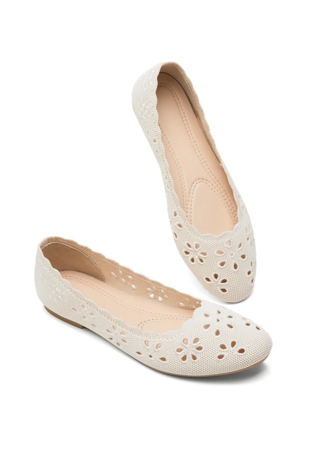 BABUDOG Mesh Ballet Flats Shoes for Women,Womens Flats Dressy Comfortable,Women's Dress Shoes with Flower Eyelets,Slip on Casual Walking Flats, Nude, 7 - Image 1