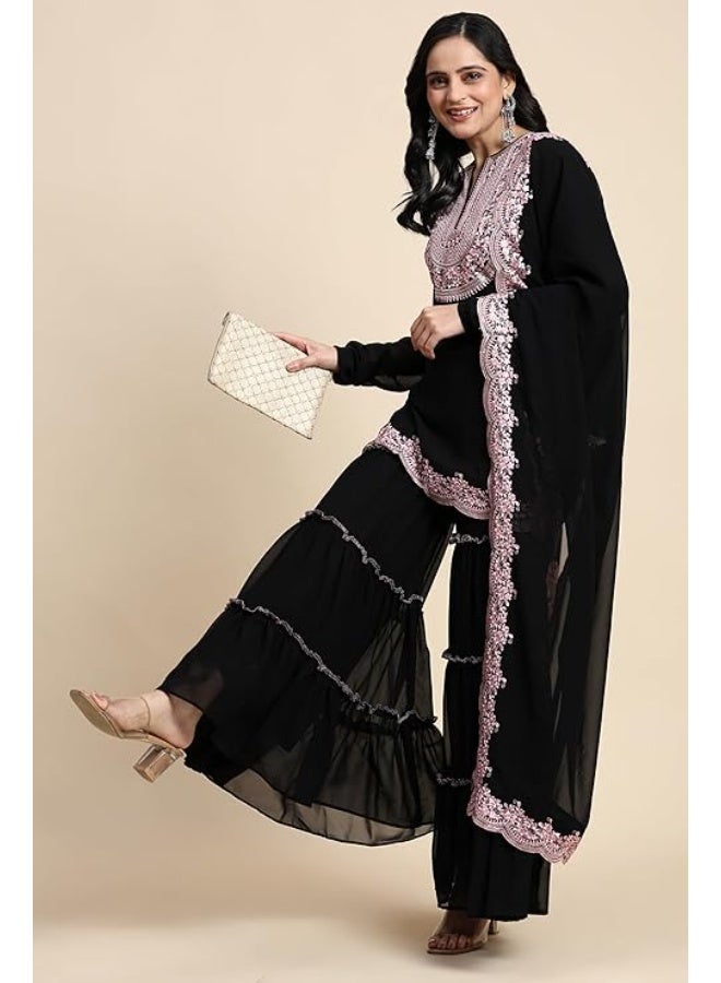 TRENDMALLS 2XL طقم كورتا شارارا من قماش جورجيت مطرز بالترتر مع دوباتا، طقم سالوار نسائي من تريندمالز - Image 3