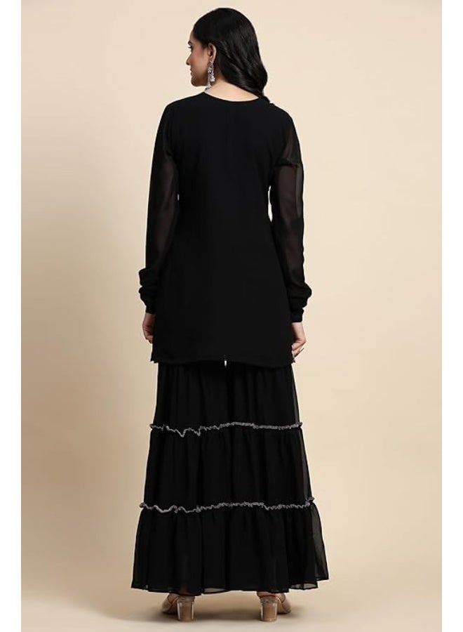 TRENDMALLS 2XL طقم كورتا شارارا من قماش جورجيت مطرز بالترتر مع دوباتا، طقم سالوار نسائي من تريندمالز - Image 4