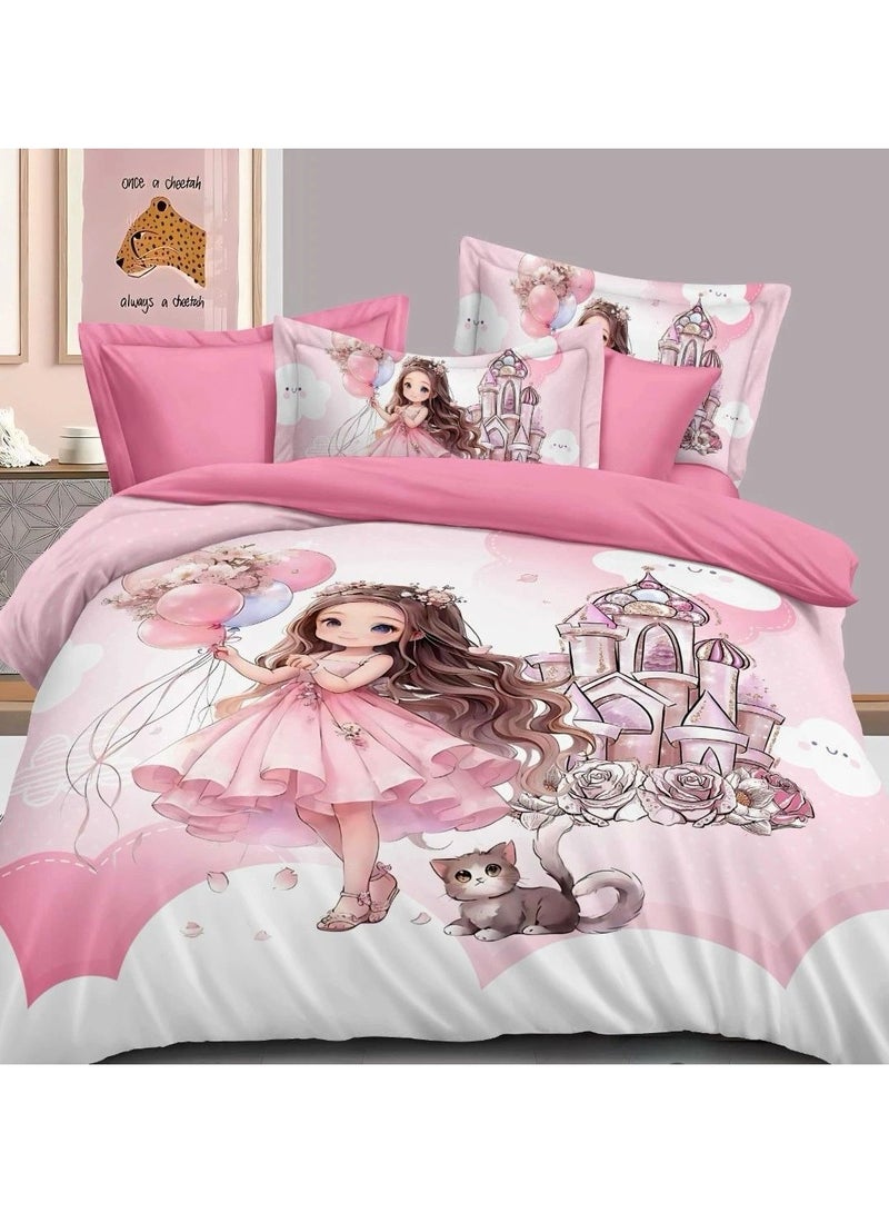 طقم سرير غطاء لحاف حجم مفرد ، 4 قطع مع غطاء لحاف 160×210 سم + 1 ملاءة مشدودة + 2 غطاء وسادة ، طقم غطاء لحاف ، وردي للبنات