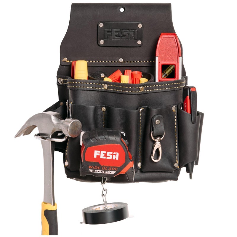 FESA Leather Electrician Tool Pouch - 13-in-1 Top Grain Leather Electrician Pouch w/Steel Hammer Loop, Tape Measure Clip, Tape T-Chain & 6 Pockets - Fits Belts up to 3" - Handcrafted (Black) - Image 1