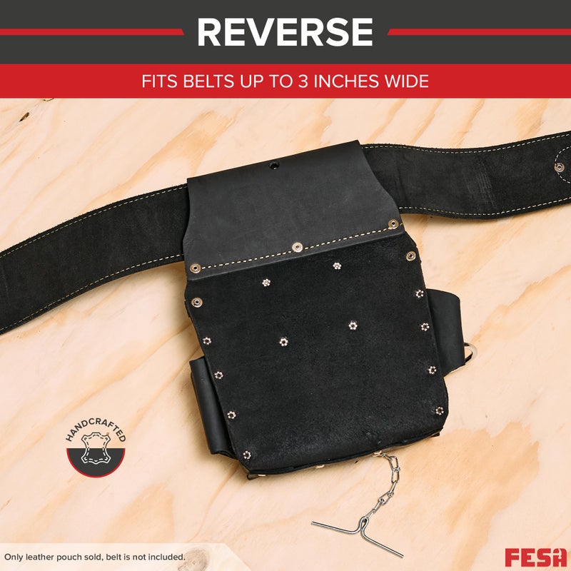 FESA Leather Electrician Tool Pouch - 13-in-1 Top Grain Leather Electrician Pouch w/Steel Hammer Loop, Tape Measure Clip, Tape T-Chain & 6 Pockets - Fits Belts up to 3" - Handcrafted (Black) - Image 5