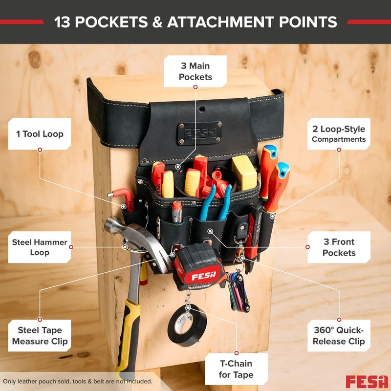 FESA Leather Electrician Tool Pouch - 13-in-1 Top Grain Leather Electrician Pouch w/Steel Hammer Loop, Tape Measure Clip, Tape T-Chain & 6 Pockets - Fits Belts up to 3" - Handcrafted (Black) - Image 4