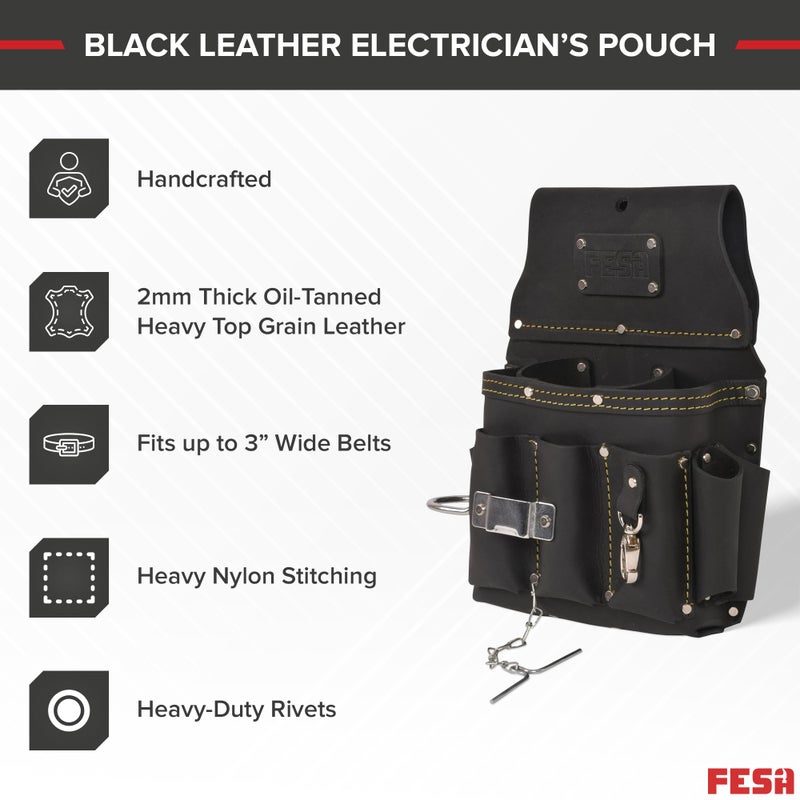 FESA Leather Electrician Tool Pouch - 13-in-1 Top Grain Leather Electrician Pouch w/Steel Hammer Loop, Tape Measure Clip, Tape T-Chain & 6 Pockets - Fits Belts up to 3" - Handcrafted (Black) - Image 2