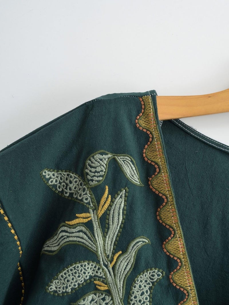 Joiemont Womens Oversized Embroidered Dress with V-Neck and 3/4 Sleeves Vintage Embroidery Babydoll Dress(0603-DarkGreen-S) - Image 4