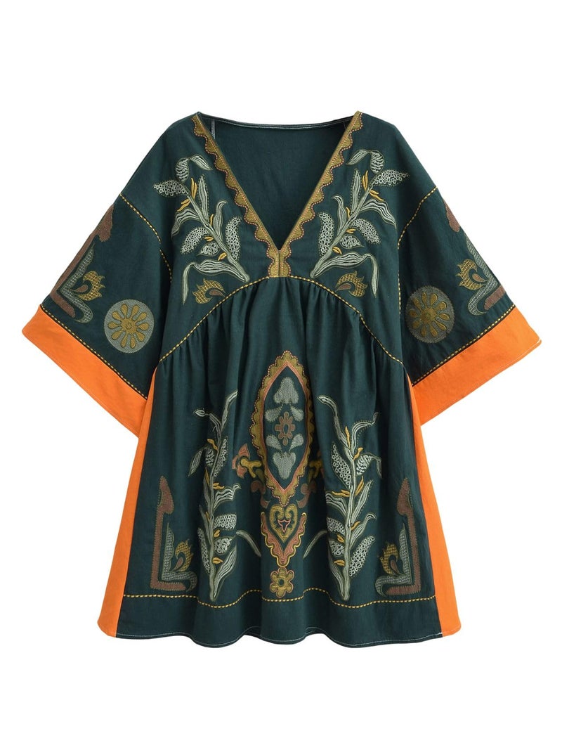 Joiemont Womens Oversized Embroidered Dress with V-Neck and 3/4 Sleeves Vintage Embroidery Babydoll Dress(0603-DarkGreen-S) - Image 1