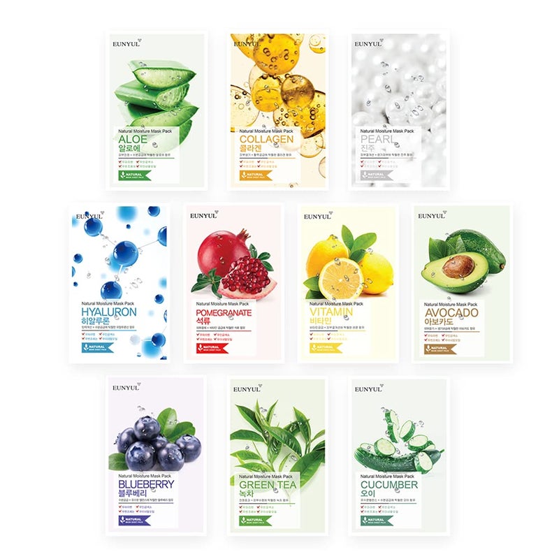 EUNYUL [PACK OF 10] Natural Sheet Mask Pack 10 types Korean Skincare Facial Mask Pack/Aloe, Collagen, Pearl, Hyaluron, Avocado, Pomegranate, Vitamin, Blueberry, Green Tea, Cucumber - Image 1