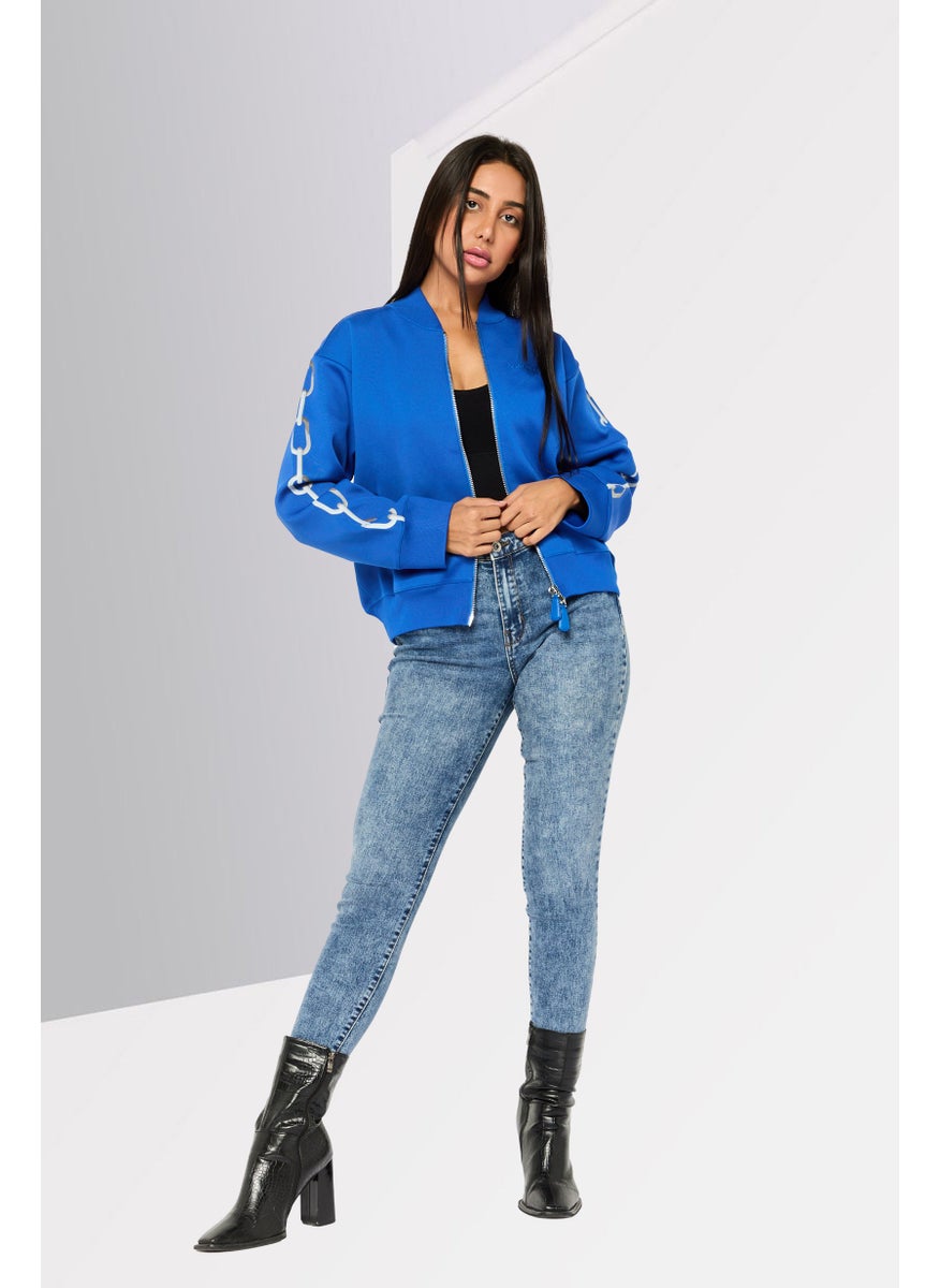 BURBERRY Women Embroidered Logo Bomber Jacket, Blue  - Image 2