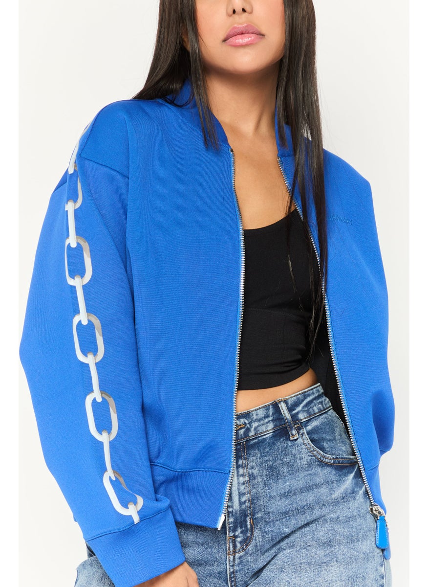 BURBERRY Women Embroidered Logo Bomber Jacket, Blue  - Image 3
