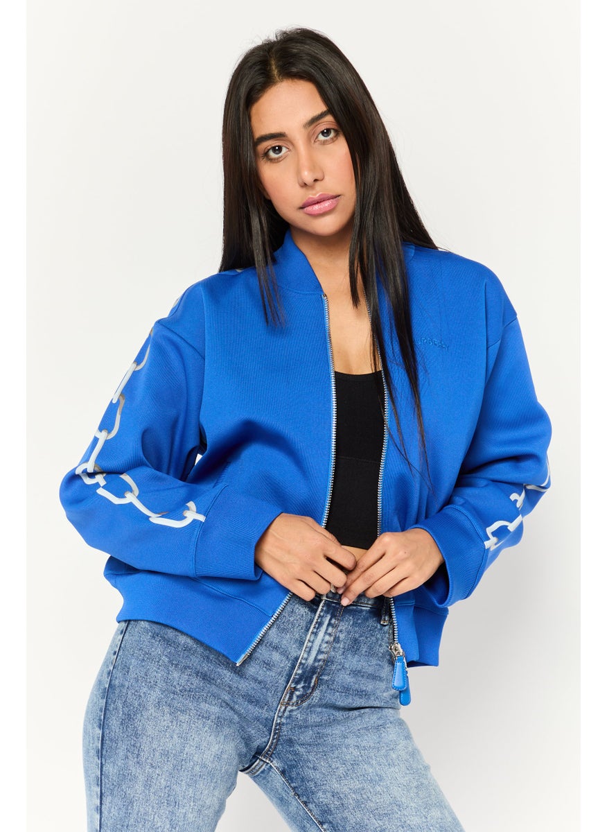BURBERRY Women Embroidered Logo Bomber Jacket, Blue  - Image 1