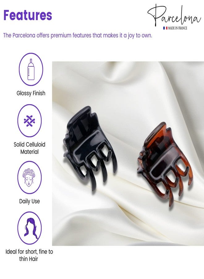 Parcelona French Glossy Square Very Small 3/4" Celluloid Set of 2 No Slip Grip Covered Spring Jaw Hair Claw Durable Styling Hair Accessories Women Strong Hold Girls Hair Claw Clips, Made in France - Image 2