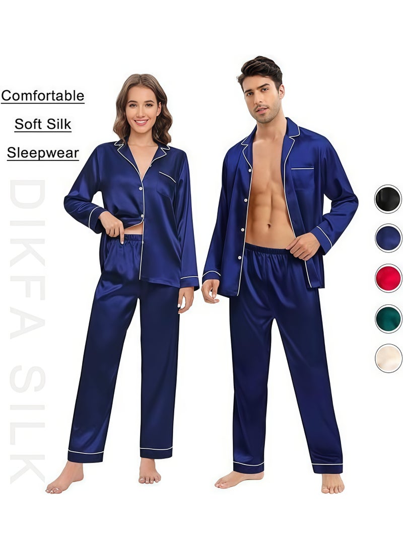 Feraco New Men's Ice Silk Pajama Set for Spring and Autumn - Two-Piece Set with Lapel, Long Sleeves, and Pants - European and American Style, Casual and Comfortable (Blue) - Image 4