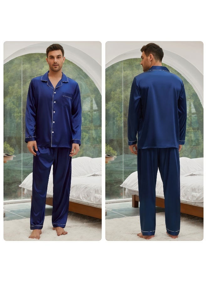 Feraco New Men's Ice Silk Pajama Set for Spring and Autumn - Two-Piece Set with Lapel, Long Sleeves, and Pants - European and American Style, Casual and Comfortable (Blue) - Image 1