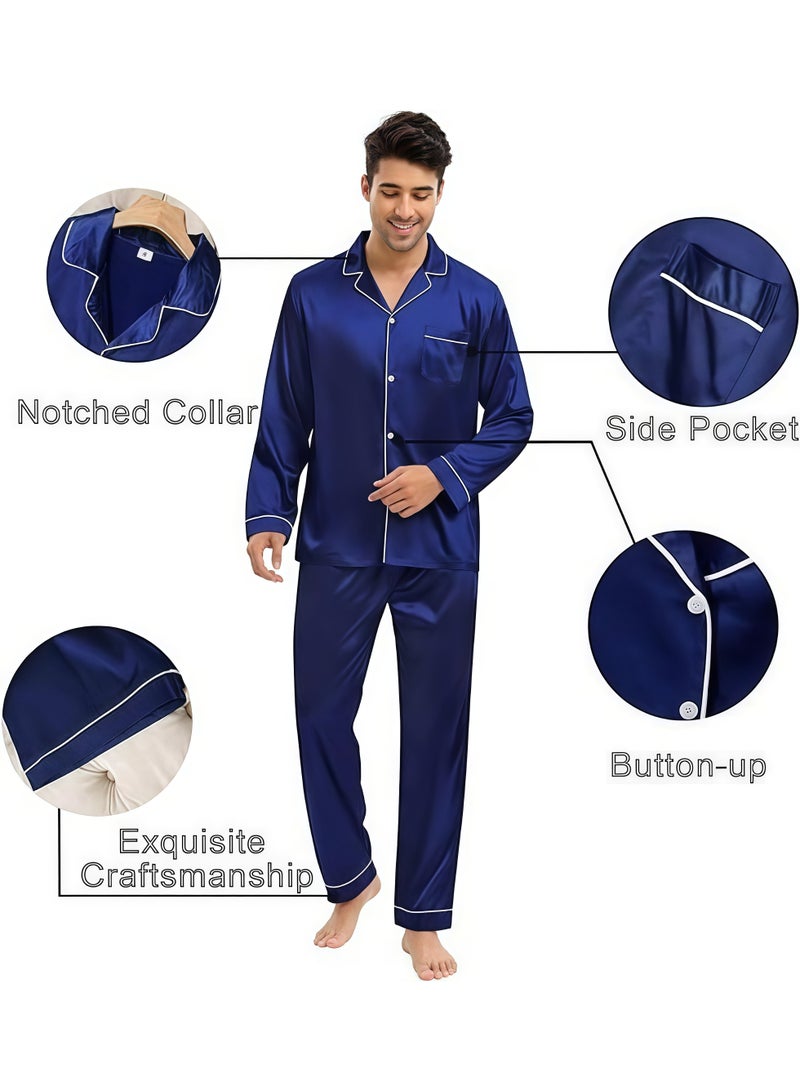 Feraco New Men's Ice Silk Pajama Set for Spring and Autumn - Two-Piece Set with Lapel, Long Sleeves, and Pants - European and American Style, Casual and Comfortable (Blue) - Image 2