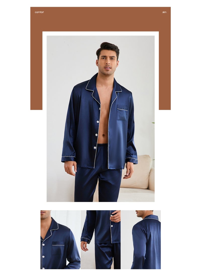 Feraco New Men's Ice Silk Pajama Set for Spring and Autumn - Two-Piece Set with Lapel, Long Sleeves, and Pants - European and American Style, Casual and Comfortable (Blue) - Image 5