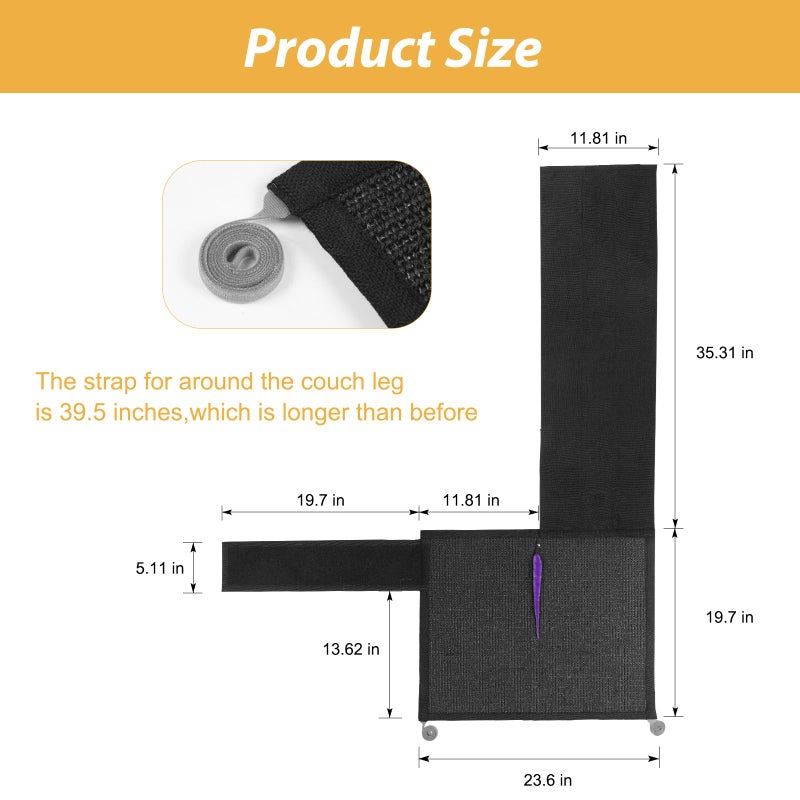 Oroonoko Cat Scratch Couch Protector,Cat Scratch Sofa Armrest Cover with Sisal Mat and Toy for Cats,Sofa Scratcher Furniture Protector 23.6â€™â€™L*19.7â€™â€™W (Black/Left Hand) - Image 2