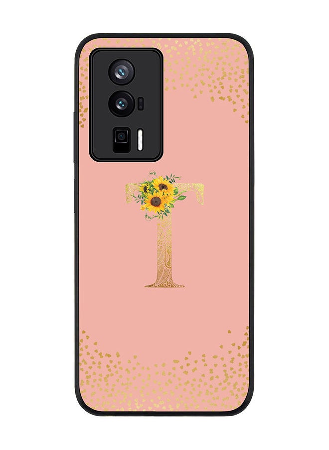 Stylizedd Rugged Black edge case for Xiaomi Poco F5 Pro 5G / Xiaomi Redmi K60 / Xiaomi Redmi K60 Pro Slim fit Flexible Rubber Edges Anti Drop TPU Cover - Monogram Letter Floral Pattern - T (Rose Pink)  - Image 1