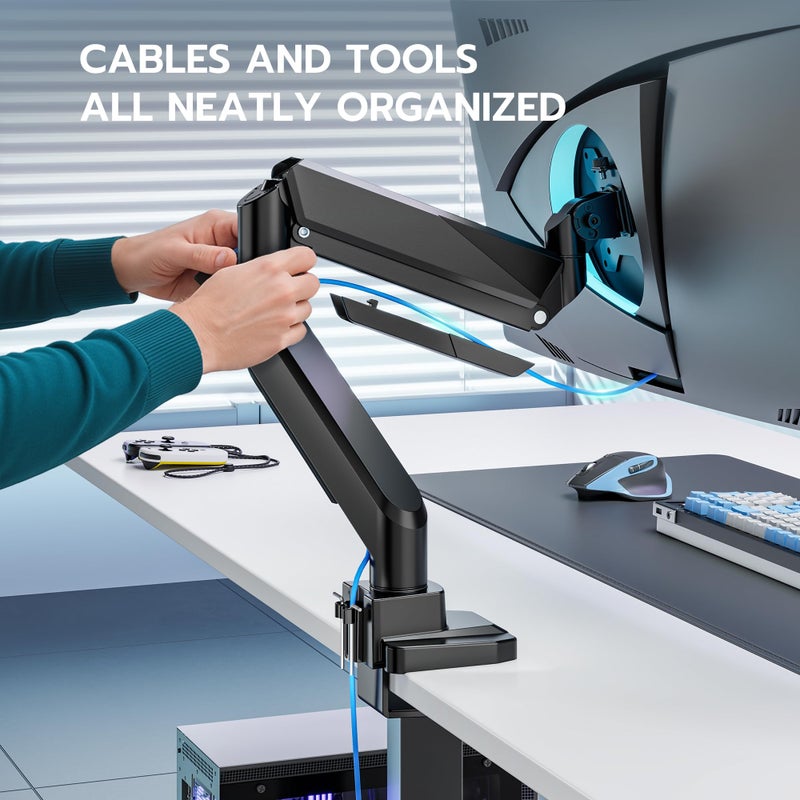 ARES WING Single Monitor Arm, Heavy Duty Adjustable Monitor Arm for 13"-49" Screens with USB, Gas Spring Desk Mount Stand with C Clamp/Grommet Mounting Base up to 40lbs Computer, Black - Image 5