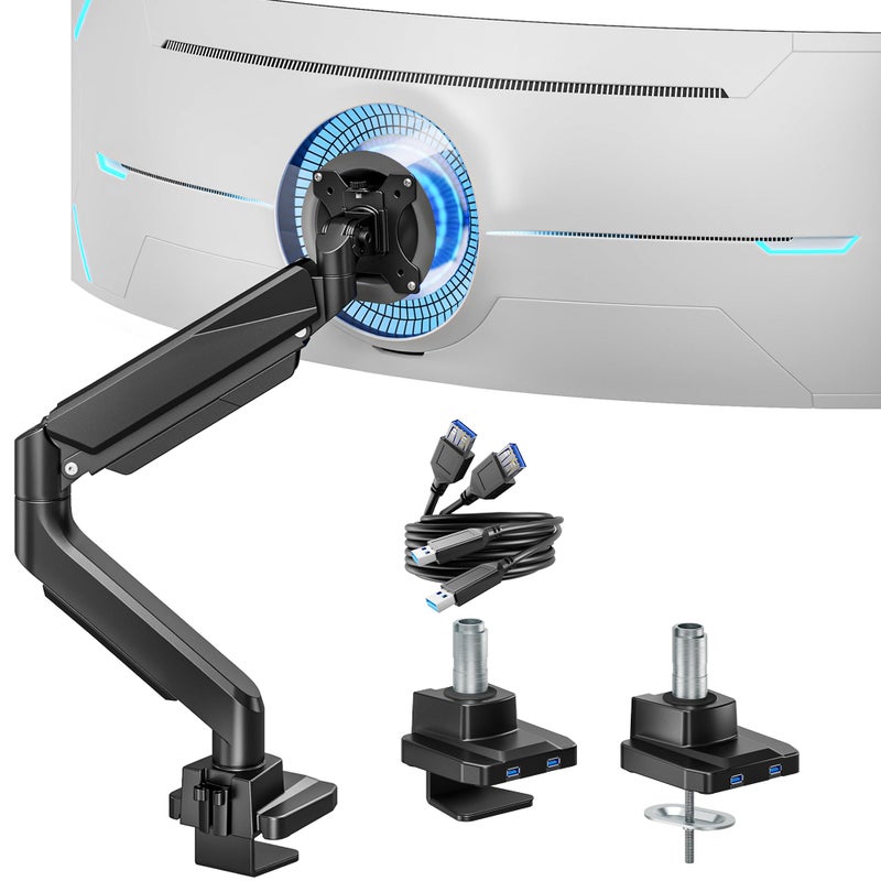 ARES WING Single Monitor Arm, Heavy Duty Adjustable Monitor Arm for 13"-49" Screens with USB, Gas Spring Desk Mount Stand with C Clamp/Grommet Mounting Base up to 40lbs Computer, Black - Image 1
