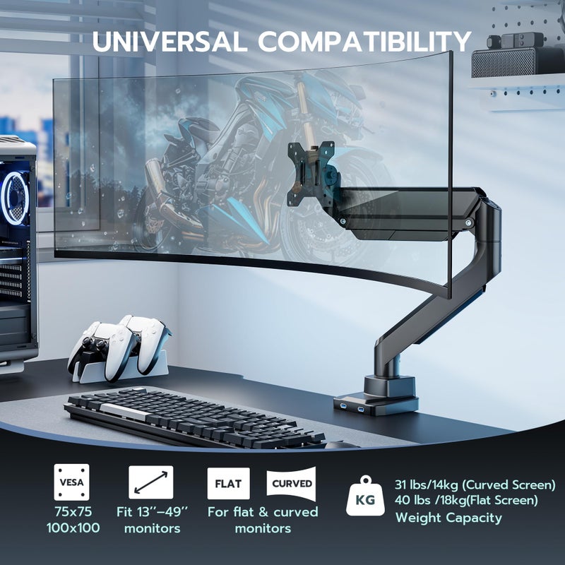 ARES WING Single Monitor Arm, Heavy Duty Adjustable Monitor Arm for 13"-49" Screens with USB, Gas Spring Desk Mount Stand with C Clamp/Grommet Mounting Base up to 40lbs Computer, Black - Image 4