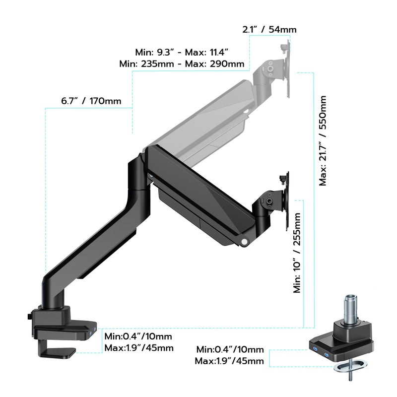 ARES WING Single Monitor Arm, Heavy Duty Adjustable Monitor Arm for 13"-49" Screens with USB, Gas Spring Desk Mount Stand with C Clamp/Grommet Mounting Base up to 40lbs Computer, Black - Image 2