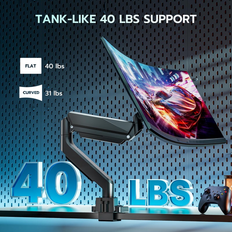 ARES WING Single Monitor Arm, Heavy Duty Adjustable Monitor Arm for 13"-49" Screens with USB, Gas Spring Desk Mount Stand with C Clamp/Grommet Mounting Base up to 40lbs Computer, Black - Image 3