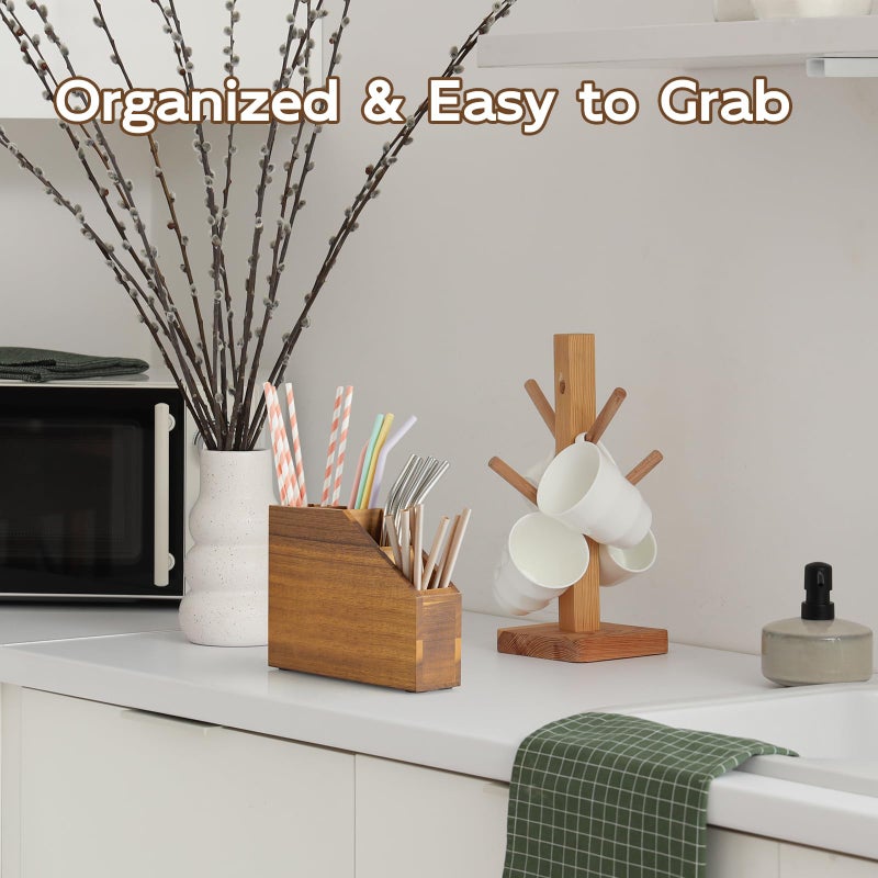 BWODYAY Straw Holder, Acacia Wood Straws Organizer, Cupboard Reusable Straws Dispenser for Kitchen Counter - Image 5