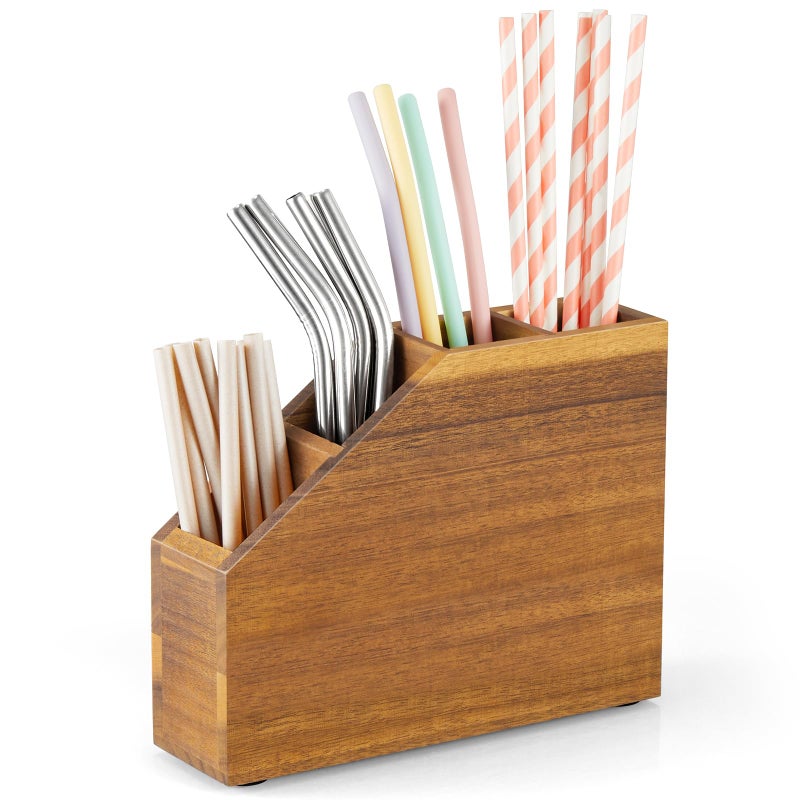 BWODYAY Straw Holder, Acacia Wood Straws Organizer, Cupboard Reusable Straws Dispenser for Kitchen Counter - Image 1