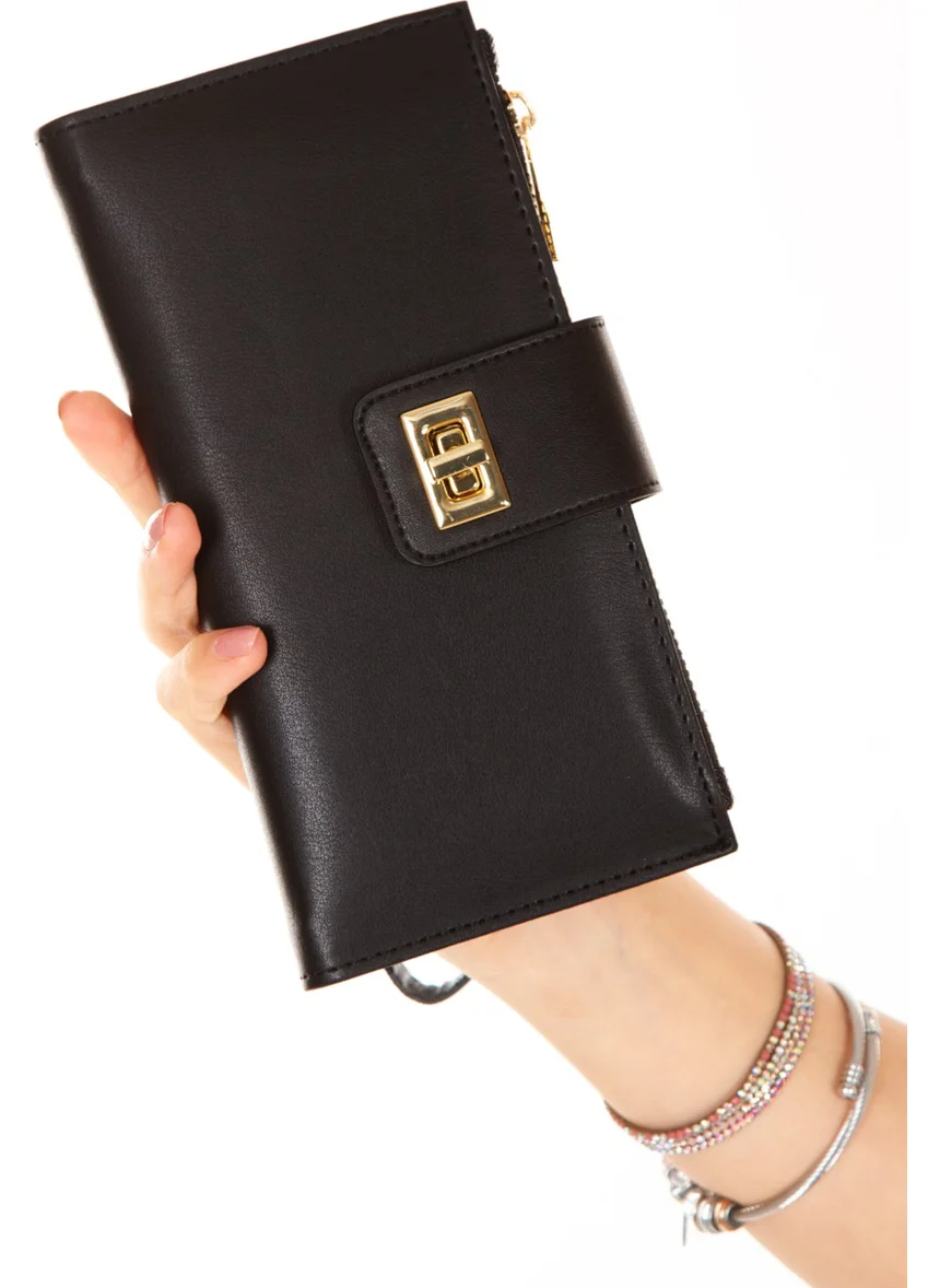 Adelina Bags Women's Black Venesia Phone Paper Coin Compartment Card Holder Locked Wrist Strap Portfolio Wallet