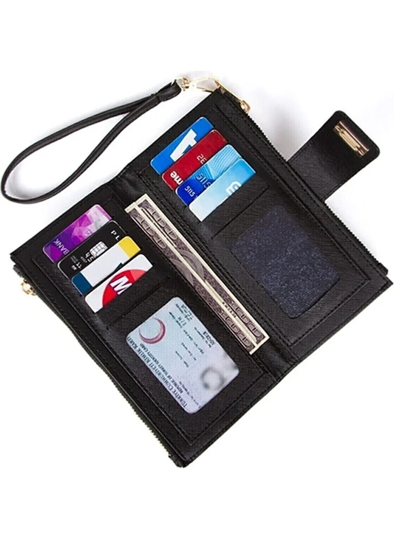 Adelina Bags Women's Black Venesia Phone Paper Coin Compartment Card Holder Locked Wrist Strap Portfolio Wallet