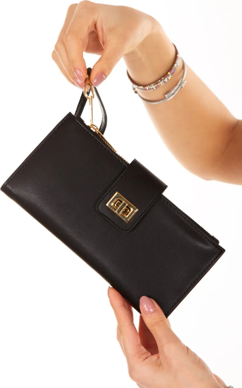 اديلينا باجز Women's Black Venesia Phone Paper Coin Compartment Card Holder Locked Wrist Strap Portfolio Wallet