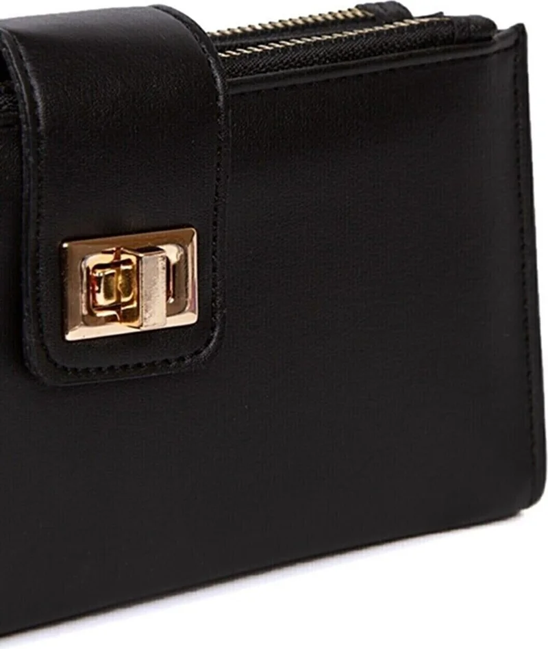 اديلينا باجز Women's Black Venesia Phone Paper Coin Compartment Card Holder Locked Wrist Strap Portfolio Wallet