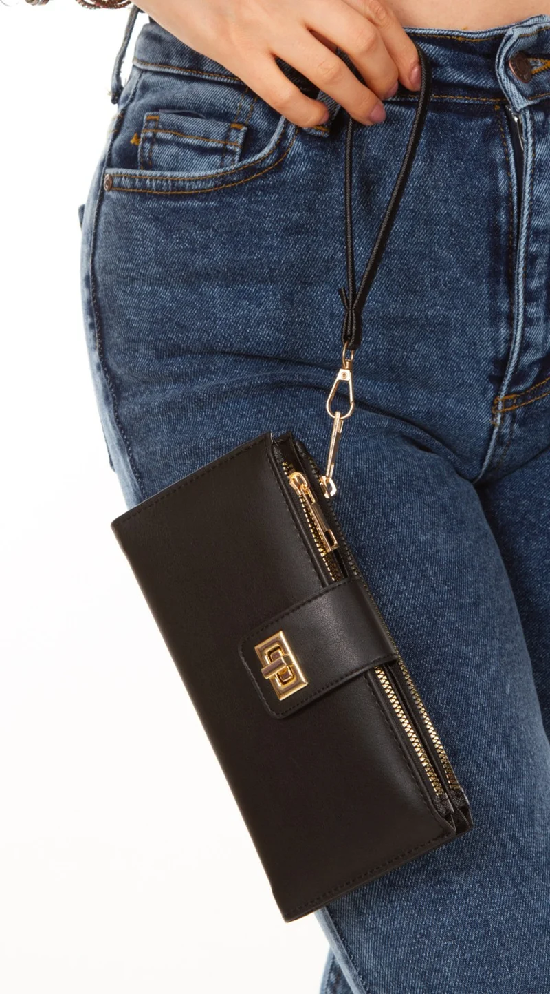 اديلينا باجز Women's Black Venesia Phone Paper Coin Compartment Card Holder Locked Wrist Strap Portfolio Wallet