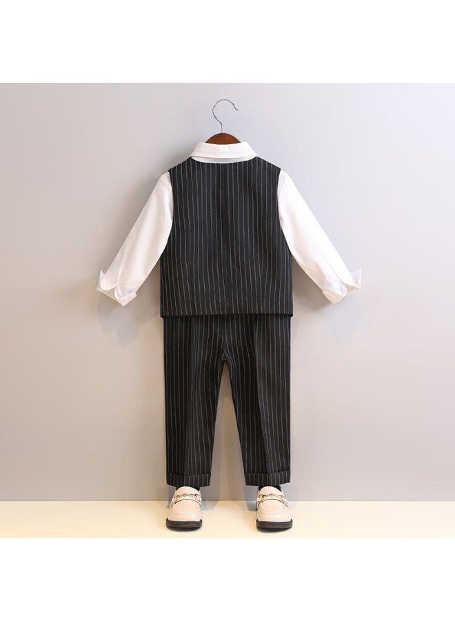 Luobobeibei Children's Formal Wear Spring And Summer Style Boys' British Striped Vest Performance Costume Set, Black Long-sleeve Four-piece Set, Size 120 - Image 4