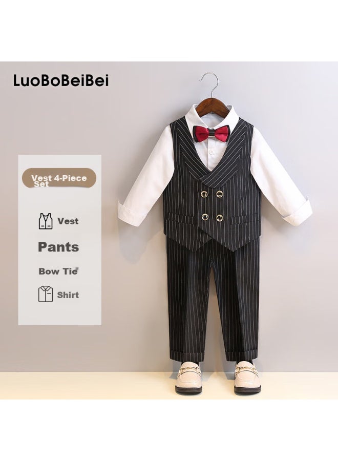 Luobobeibei Children's Formal Wear Spring And Summer Style Boys' British Striped Vest Performance Costume Set, Black Long-sleeve Four-piece Set, Size 120 - Image 1