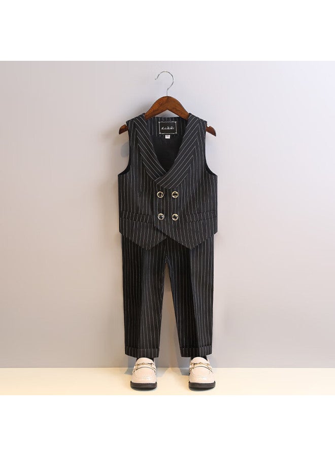 Luobobeibei Children's Formal Wear Spring And Summer Style Boys' British Striped Vest Performance Costume Set, Black Long-sleeve Four-piece Set, Size 120 - Image 3