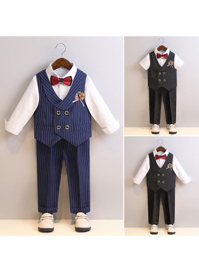 Luobobeibei Children's Formal Wear Spring And Summer Style Boys' British Striped Vest Performance Costume Set, Black Long-sleeve Four-piece Set, Size 120 - Image 2