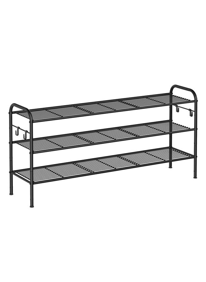 SONGMICS SONGMICS Shoe Rack, 3-Tier Shoe Organizer, Metal Shoe Shelf Storage with 4 Side Hooks, Holds 18 Pairs of Shoes, Height-Adjustable Shoe Rack for Entryway, Hallway, Closet, Easy Assembly, Ink Black  - Image 1