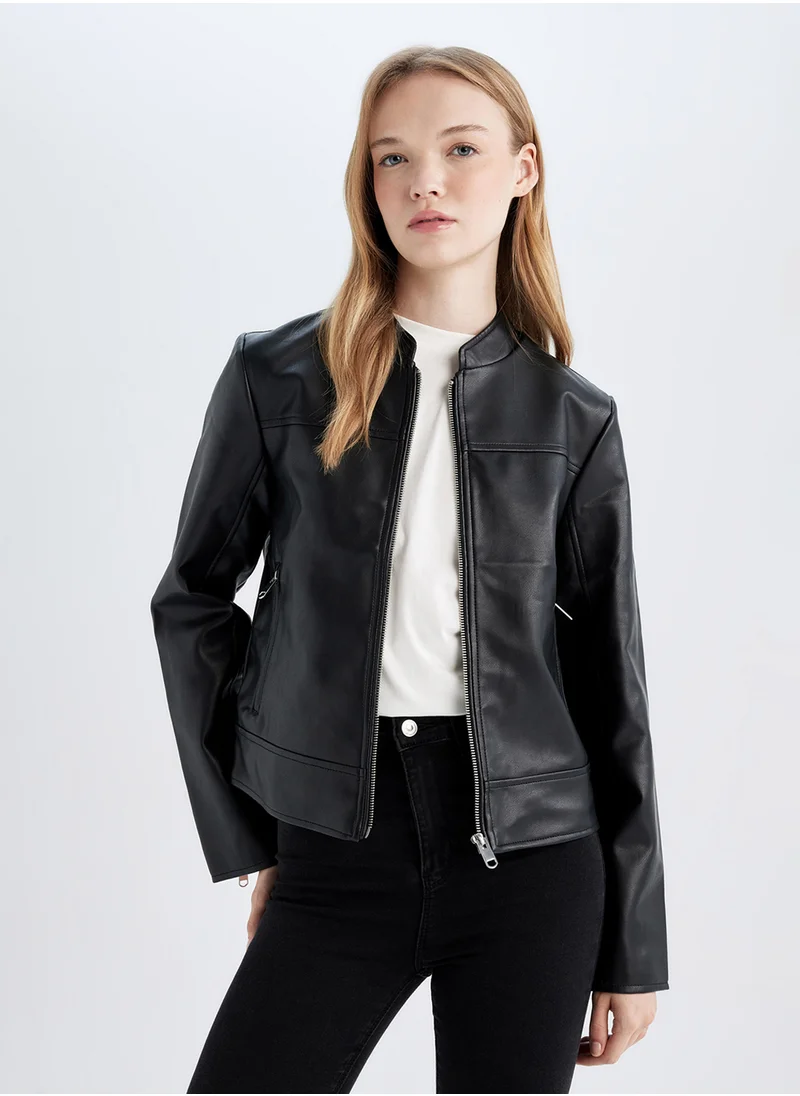 DeFacto Regular Fit Zip-Up Faux Leather Jacket With Pockets