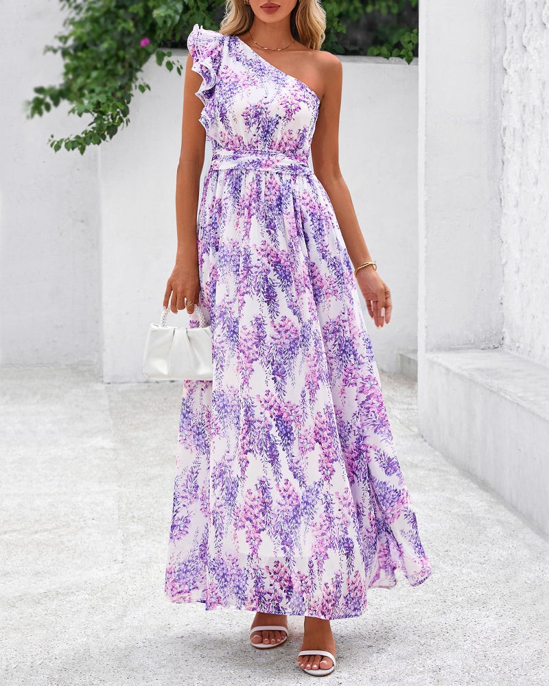 BTFBM Women Summer One Shoulder Floral Wedding Guest Dresses Sleeveless Smocked Ruffle Flowy Beach Vacation Maxi Dress(Floral Purple, X-Large) - Image 5
