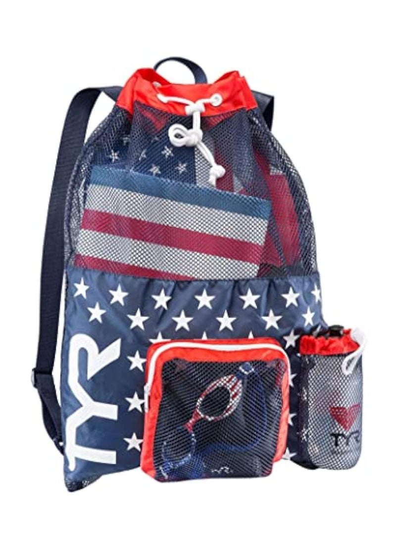 TYR TYR Big Mesh Mummy Backpack For Wet Swimming, Gym, and Workout Gear, Red/Navy, One Size (LBMMB3)  - Image 1