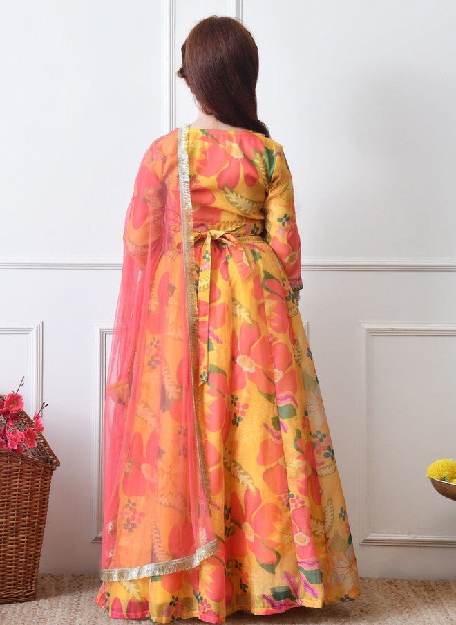 INDI-LOOM COUTURE إندي-لوم كوتور فستان ليهينغا وبلوزة مطبوعة مزينة بالخرز للفتيات مع دوباتا - Image 4