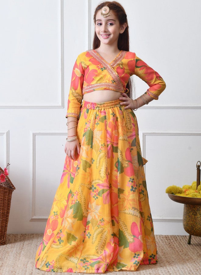 INDI-LOOM COUTURE إندي-لوم كوتور فستان ليهينغا وبلوزة مطبوعة مزينة بالخرز للفتيات مع دوباتا - Image 5