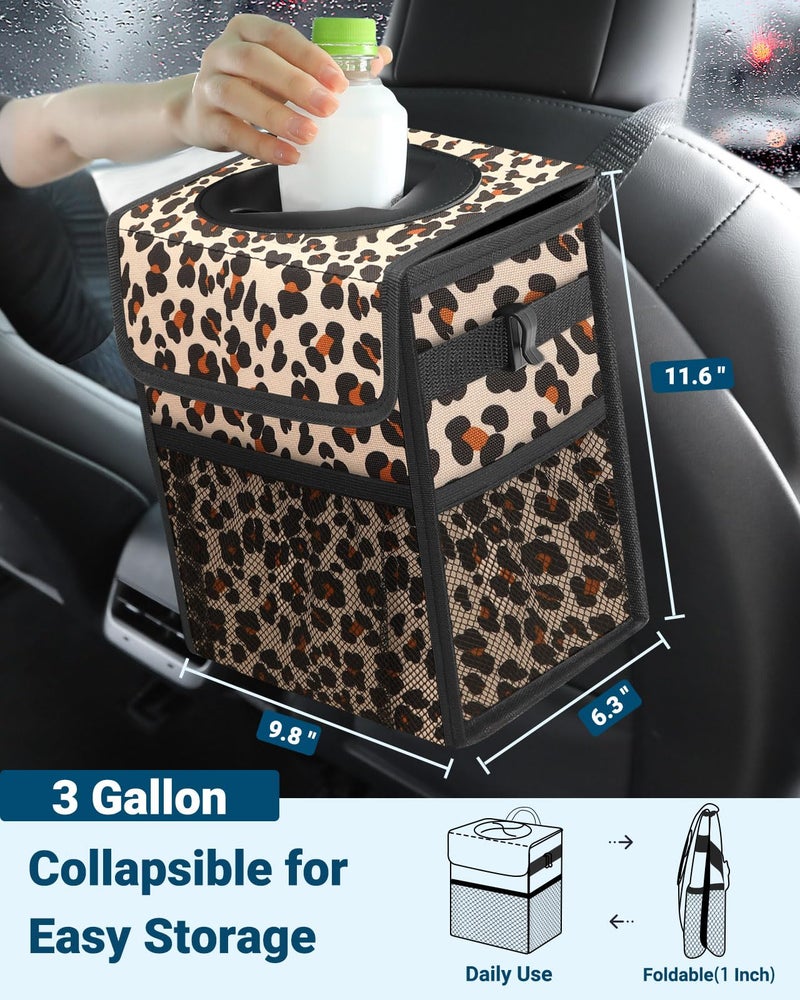 Capolo Car Trash Can with Lid, Leakproof Car Trash Bag Hanging Waterproof Automotive Garbage Can with Storage Pockets Mini Vehicle Trash Bin for Back/Front Seat(Leopard,3 Gallon) - Image 2