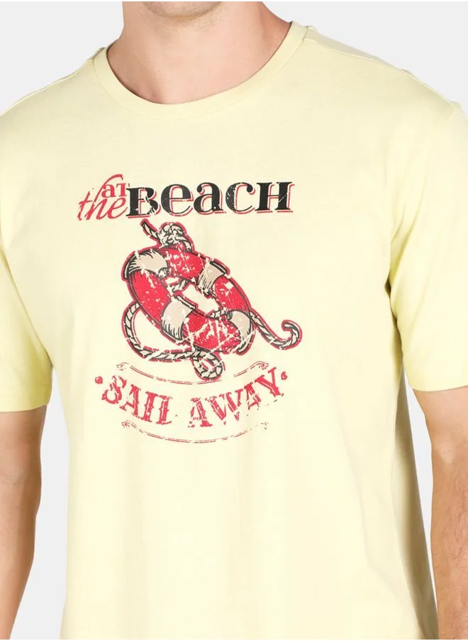 DRIP Graphic Printed Crew Neck T-Shirt Beige