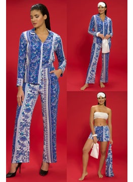 for you in&out 7-Piece Viscose Both Inside and Outside Ethnic Pattern Blue Pajama Set S27406  - Image 1